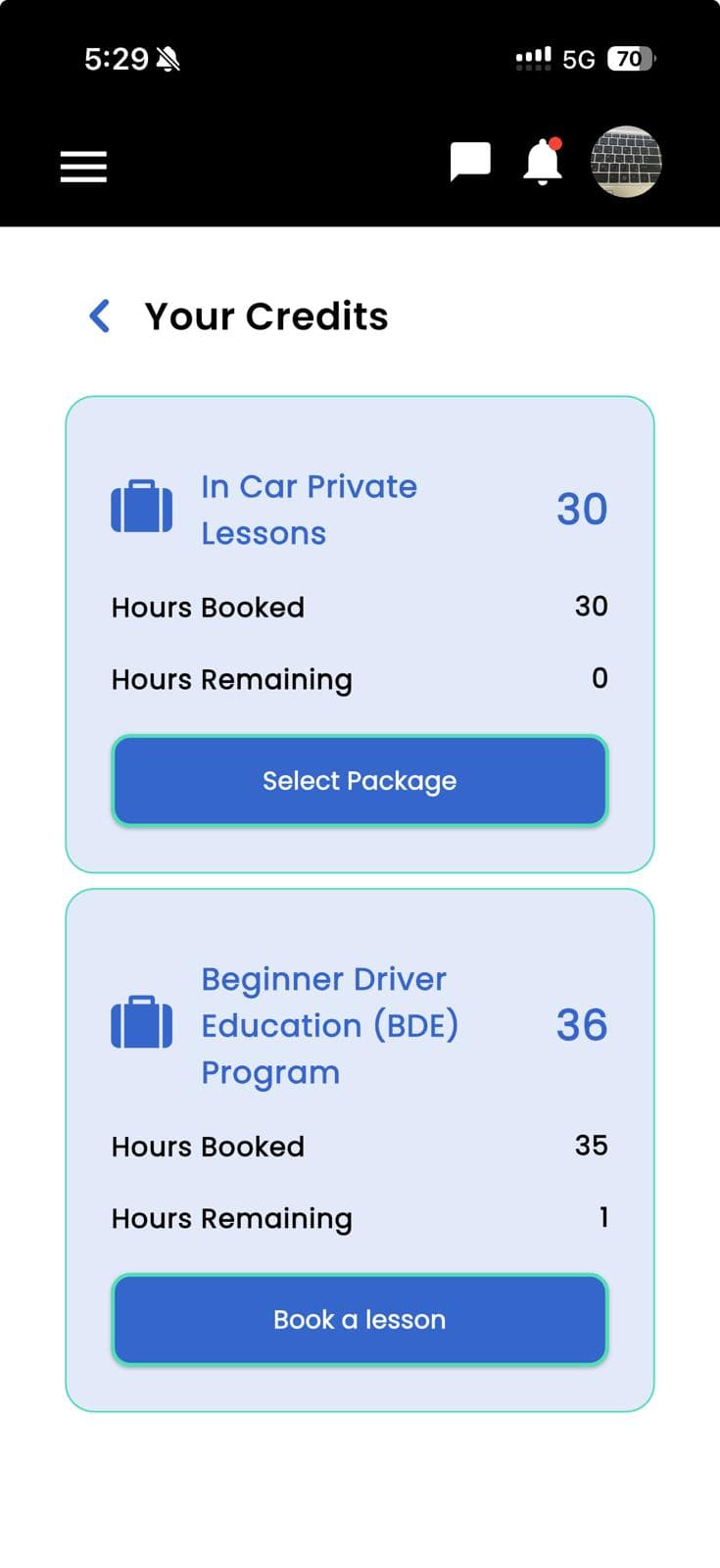 The Drivisa app showing a student's credits: in-car private lesson hours and BDE program hours, booked vs remaining