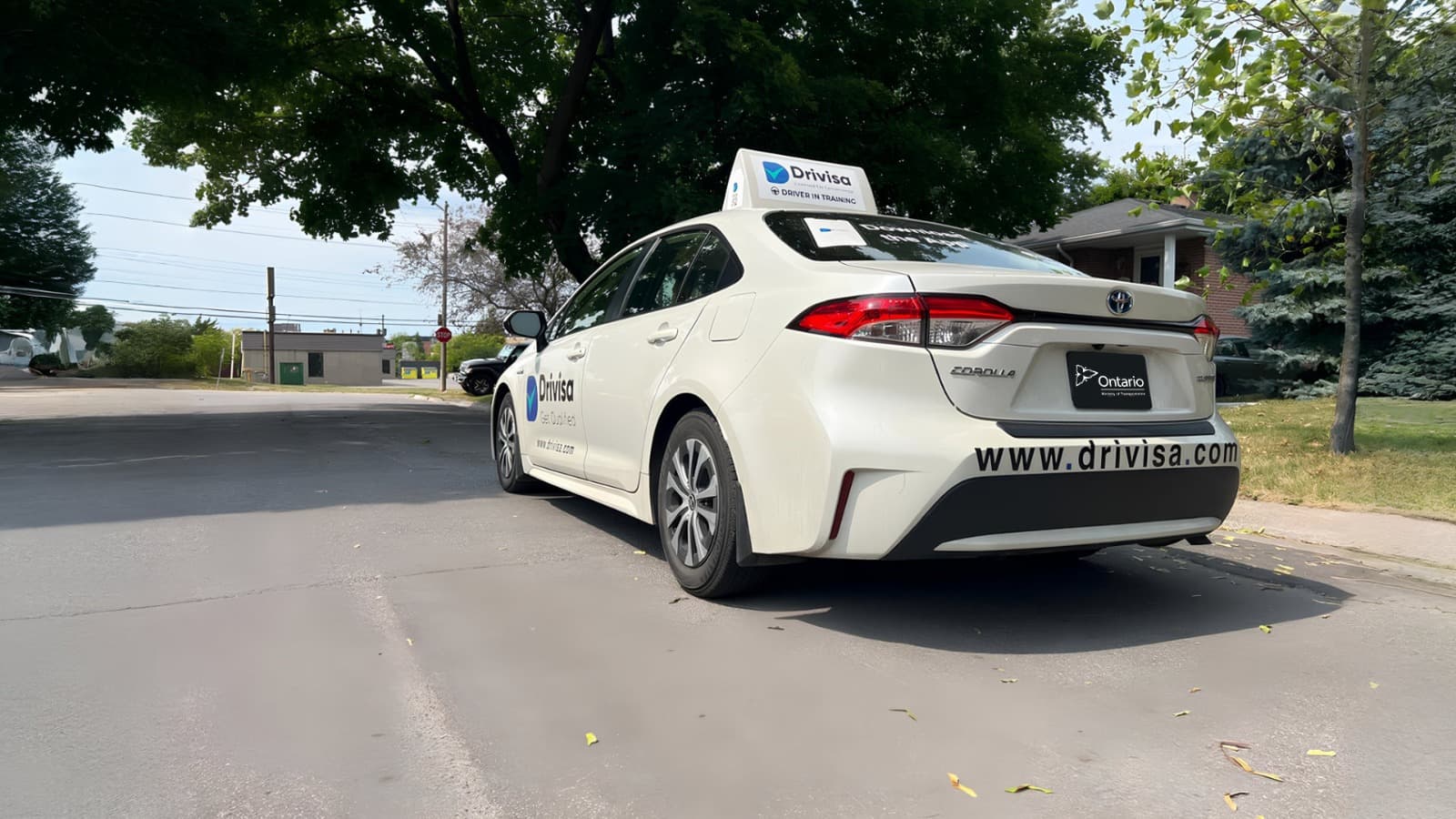 The Drivisa MTO-approved driver-training car on an Ontario street